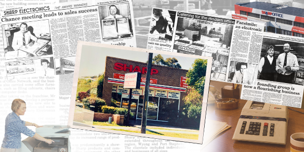 Collage of Sharp Office history from the 1970s